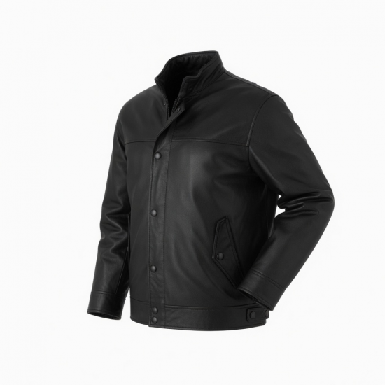 Men's Black Leather Zip Front Button Shell Jacket