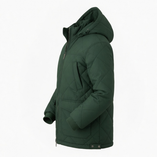 Men's Green Hooded Quilted Cotton Outdoor Workwear Zip Front Overcoat