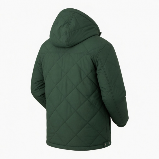 Men's Green Hooded Quilted Cotton Outdoor Workwear Zip Front Overcoat