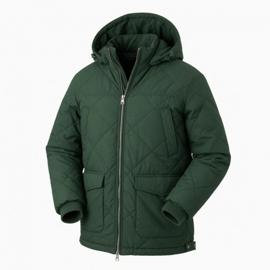 Men's Green Hooded Quilted Cotton Outdoor Workwear Zip Front Overcoat