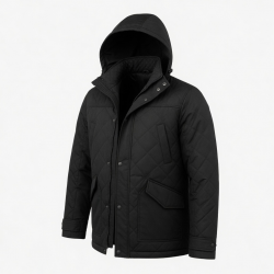 Men's Black Hooded Quilted Polyester Vintage Casual Motorcycle Jacket