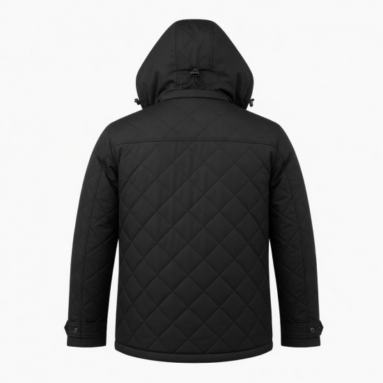 Men's Black Hooded Quilted Polyester Vintage Casual Motorcycle Jacket