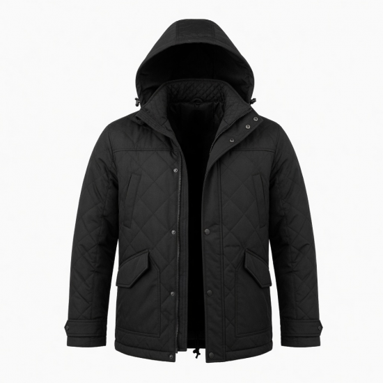 Men's Black Hooded Quilted Polyester Vintage Casual Motorcycle Jacket