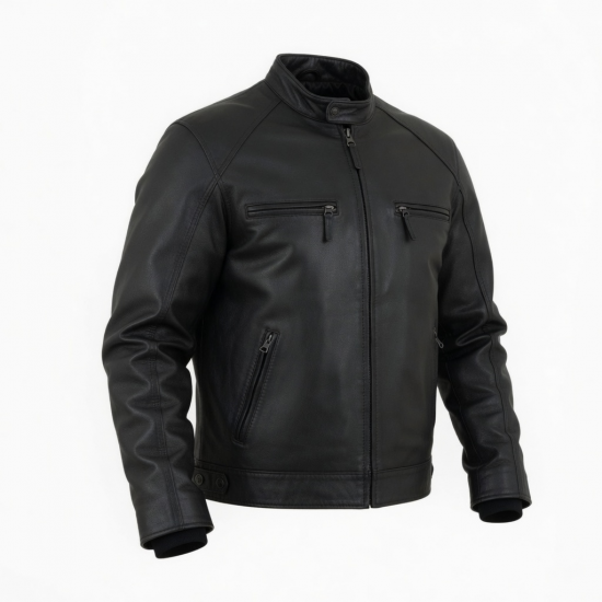 Men's Black Vintage Leather Performance Classic Zip Front Shell Jacket