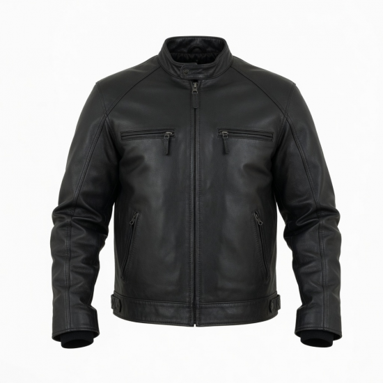 Men's Black Vintage Leather Performance Classic Zip Front Shell Jacket