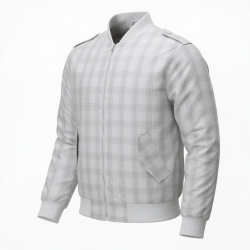 Men's White Checked Plaid Polyester Casual Regular Fit Bomber Jacket