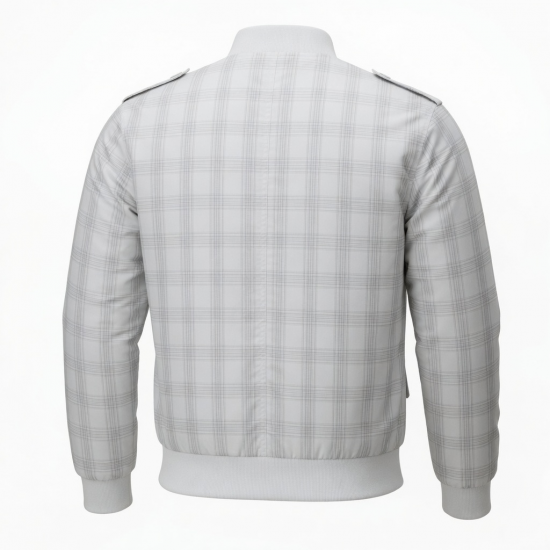 Men's White Checked Plaid Polyester Casual Regular Fit Bomber Jacket