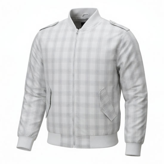 Men's White Checked Plaid Polyester Casual Regular Fit Bomber Jacket