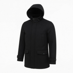 Men's Black Hooded Wool Regular Fit Button Front Shell Jacket