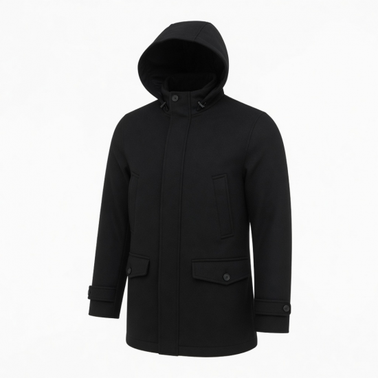 Men's Black Hooded Wool Regular Fit Button Front Shell Jacket