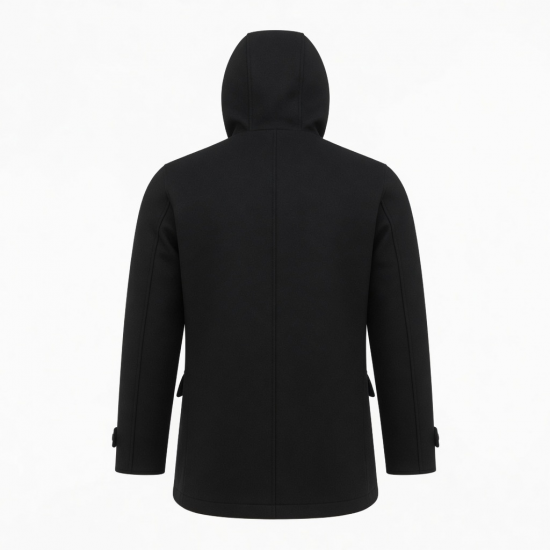 Men's Black Hooded Wool Regular Fit Button Front Shell Jacket