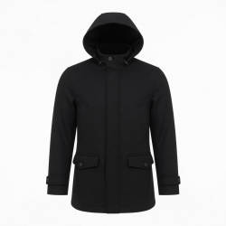 Men's Black Hooded Wool Regular Fit Button Front Shell Jacket