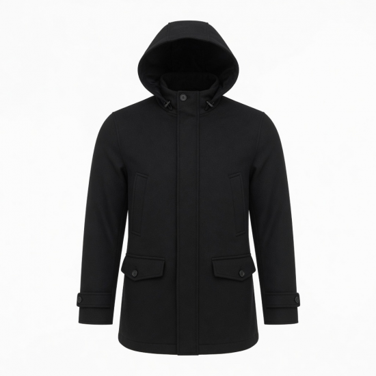 Men's Black Hooded Wool Regular Fit Button Front Shell Jacket