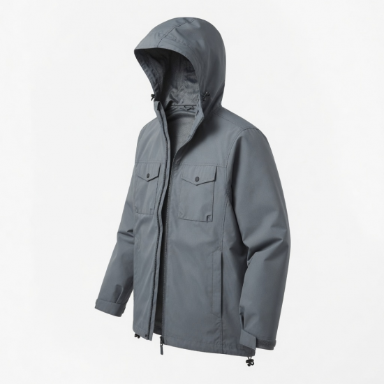 Men's Grey Hooded Water Resistant Polyamide Outdoor Shell Jacket