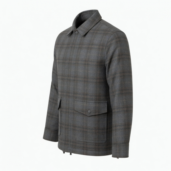 Men's Grey Checked Plaid Wool Shell Jacket
