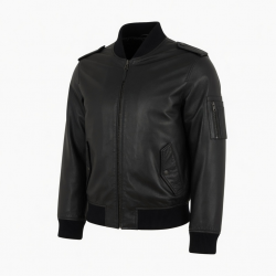 Men's Black Leather Regular Fit Bomber Jacket