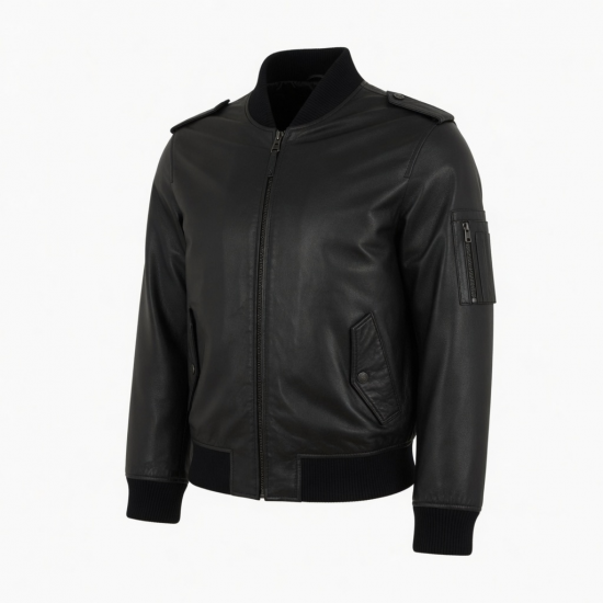 Men's Black Leather Regular Fit Bomber Jacket