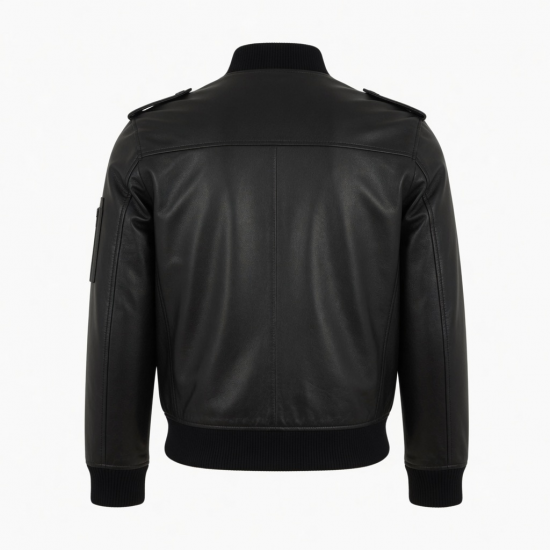 Men's Black Leather Regular Fit Bomber Jacket