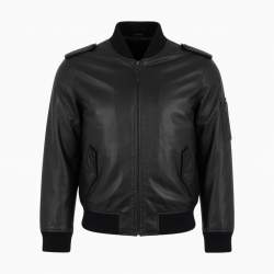 Men's Black Leather Regular Fit Bomber Jacket