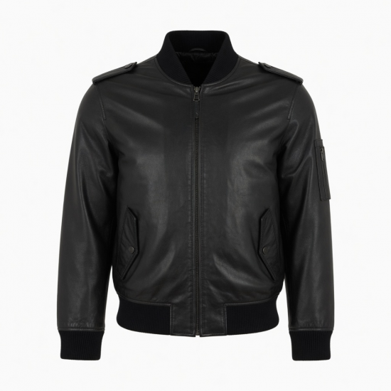 Men's Black Leather Regular Fit Bomber Jacket