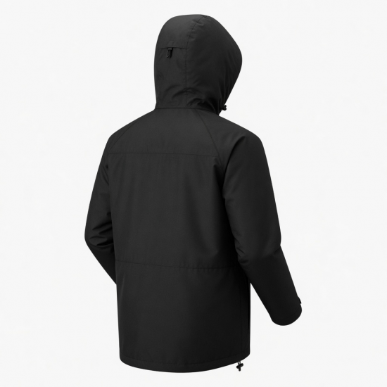 Men's Black Hooded Waterproof Polyester Regular Fit Zip Front Parka Jacket