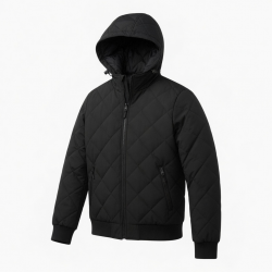 Men's Black Hooded Quilted Travel Workwear Zip Front Bomber Jacket