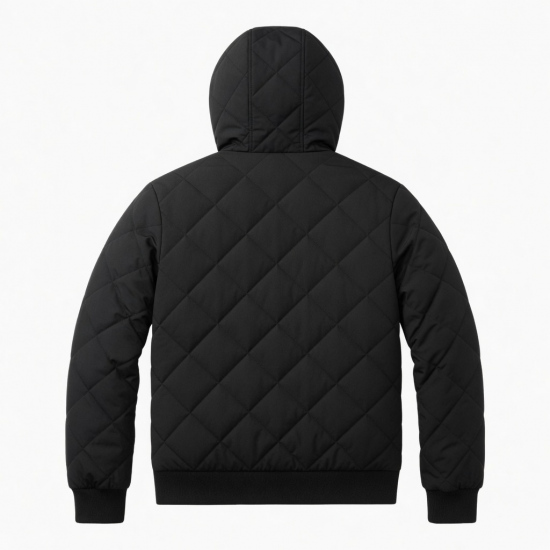 Men's Black Hooded Quilted Travel Workwear Zip Front Bomber Jacket