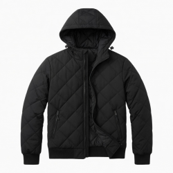 Men's Black Hooded Quilted Travel Workwear Zip Front Bomber Jacket