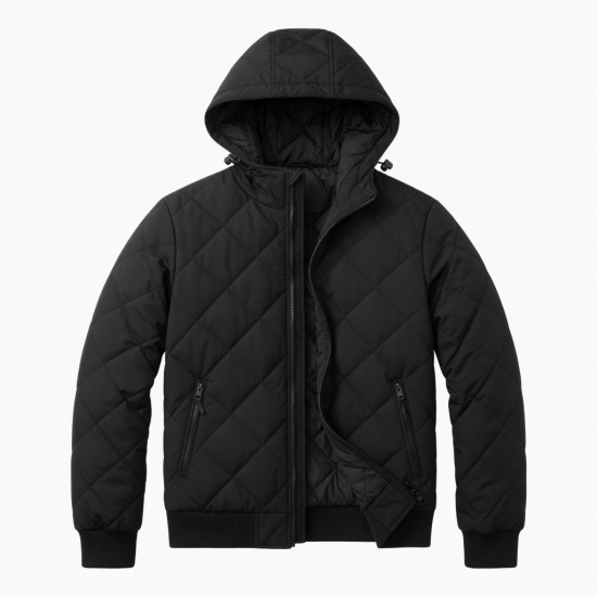 Men's Black Hooded Quilted Travel Workwear Zip Front Bomber Jacket