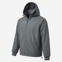 Men's Grey Hooded Polyester Performance Vintage Zip Front Shell Jacket