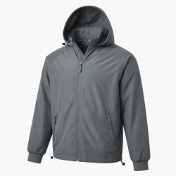 Men's Grey Hooded Polyester Performance Vintage Zip Front Shell Jacket