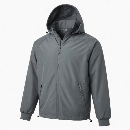 Men's Grey Hooded Polyester Performance Vintage Zip Front Shell Jacket
