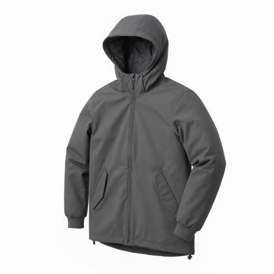 Men's Grey Hooded Embroidered Cotton Regular Fit Winter Shell Jacket