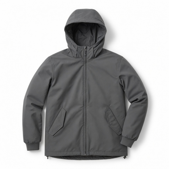 Men's Grey Hooded Embroidered Cotton Regular Fit Winter Shell Jacket