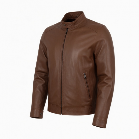 Men's Brown Classic Leather Zip Front Shell Jacket