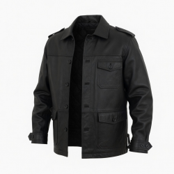 Men's Black Vintage Classic Leather Performance Button Front Shell Jacket
