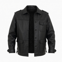 Men's Black Vintage Classic Leather Performance Button Front Shell Jacket