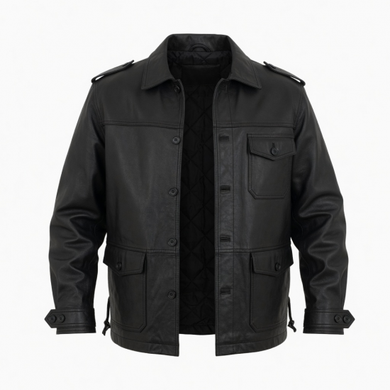 Men's Black Vintage Classic Leather Performance Button Front Shell Jacket