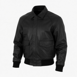 Men's Black Collared Vintage Leather Travel Performance Bomber Jacket