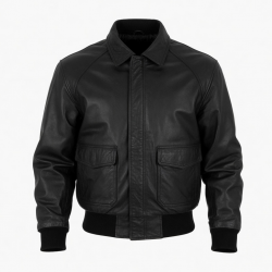 Men's Black Collared Vintage Leather Travel Performance Bomber Jacket