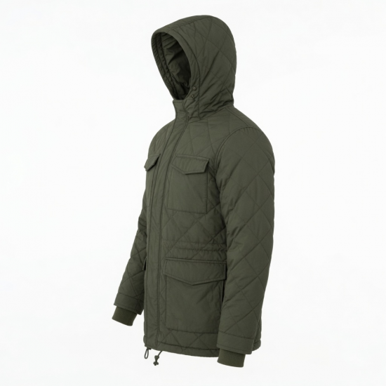 Men's Olive Quilted Cotton Regular Fit Winter Parka Jacket