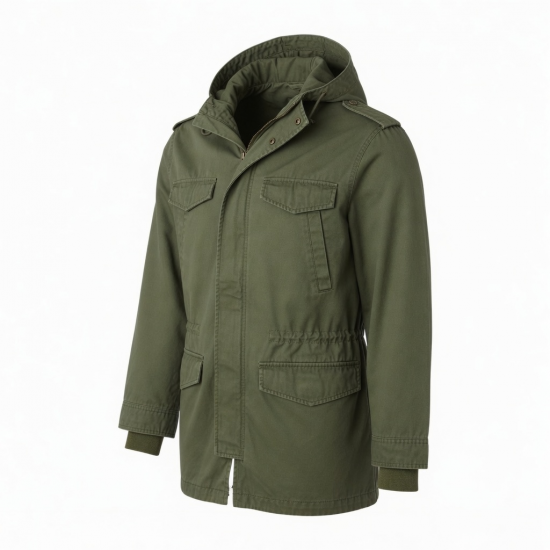 Men's Olive Vintage Cotton Regular Fit Surplus Zip Front Parka Jacket
