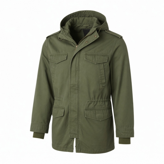 Men's Olive Vintage Cotton Regular Fit Surplus Zip Front Parka Jacket