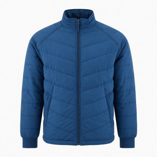 Men's Blue Quilted Vintage Polyester Regular Fit Zip Front Shell Jacket