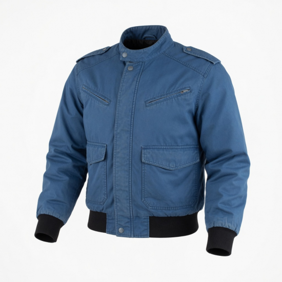 Men's Blue Vintage Nylon Regular Fit Zip Front Lined Motorcycle Jacket