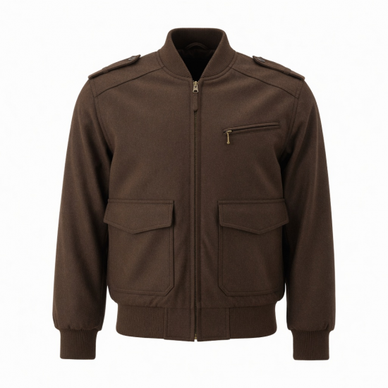 Men's Brown Wool Regular Fit Flight Bomber Jacket