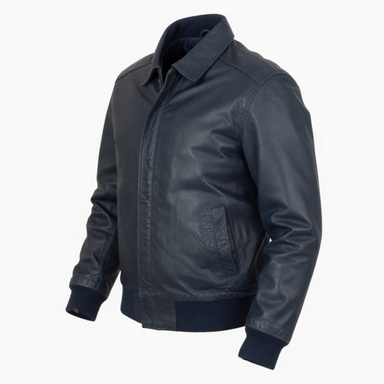 Men's Navy Vintage Leather Athletic Bomber Jacket