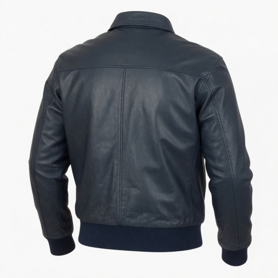 Men's Navy Vintage Leather Athletic Bomber Jacket