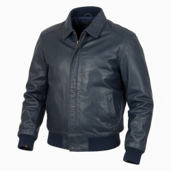 Men's Navy Vintage Leather Athletic Bomber Jacket