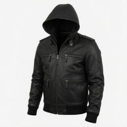 Men's Black Hooded Vintage Leather Performance Zip Front Motorcycle Jacket